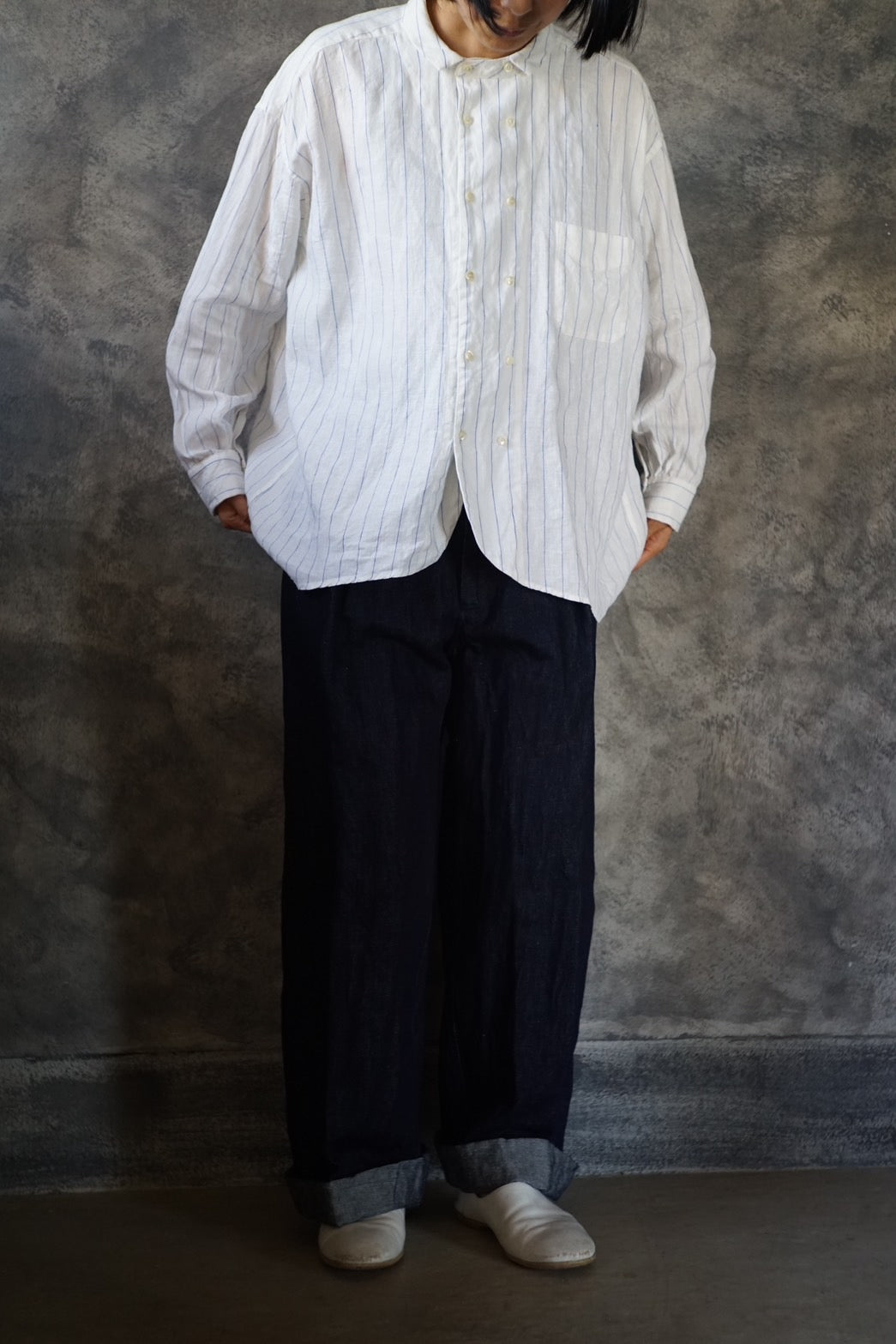 ダブルブレストショートチュニック 太ピッチピンストライプ