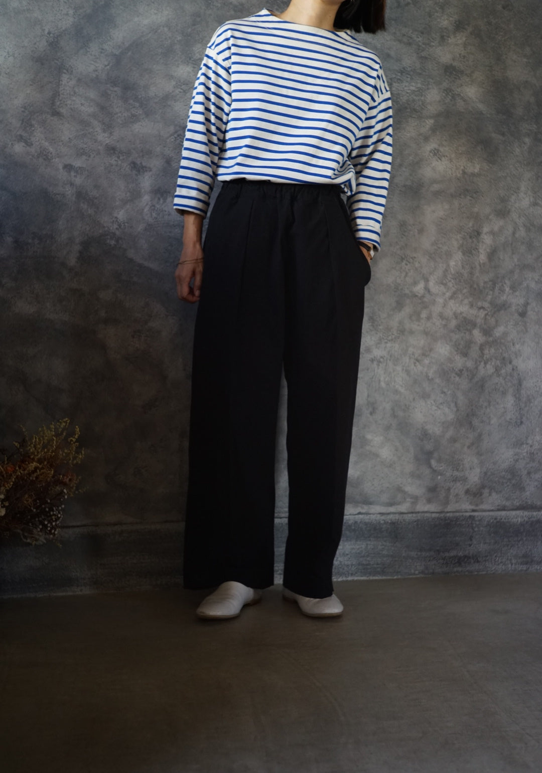 モックネックボーダーロングTシャツ