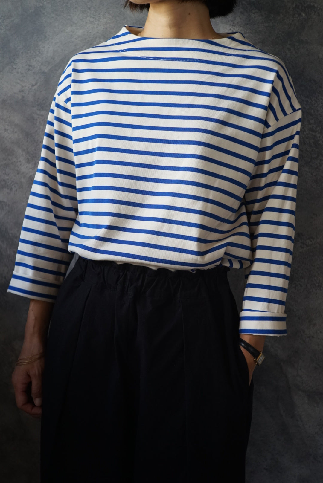 モックネックボーダーロングTシャツ