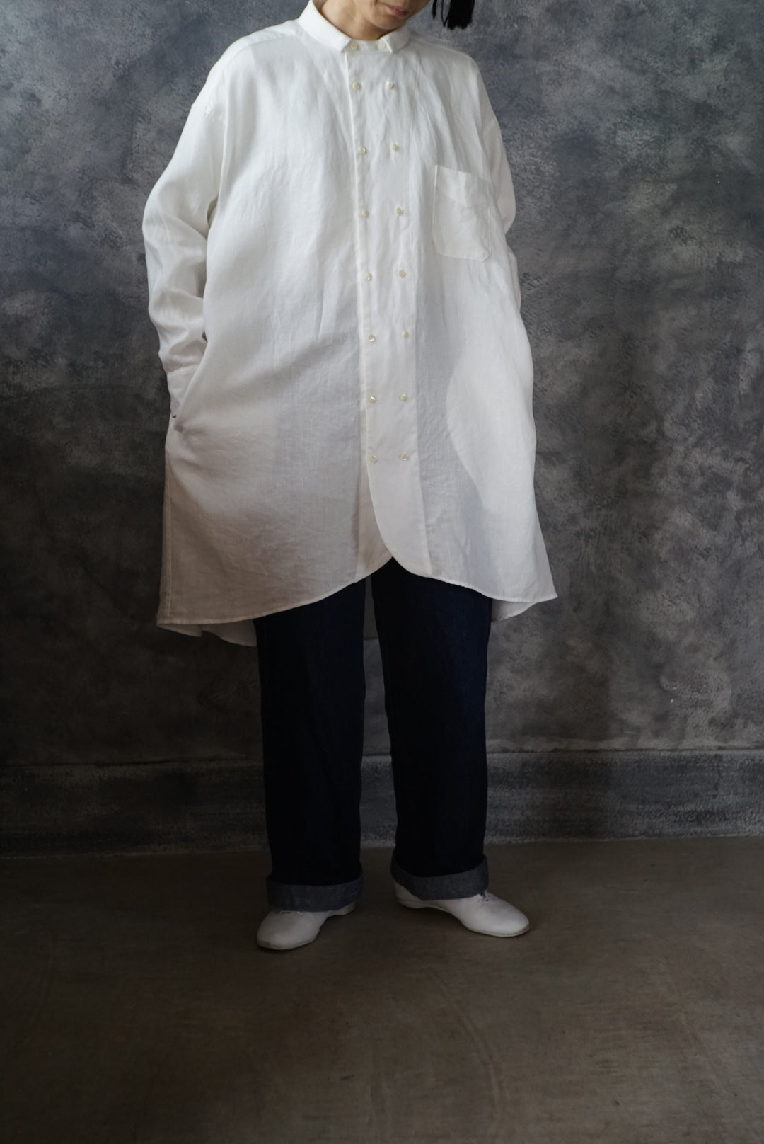 【NEW】高密度リネンダブルブレストチュニック(上襟あり)