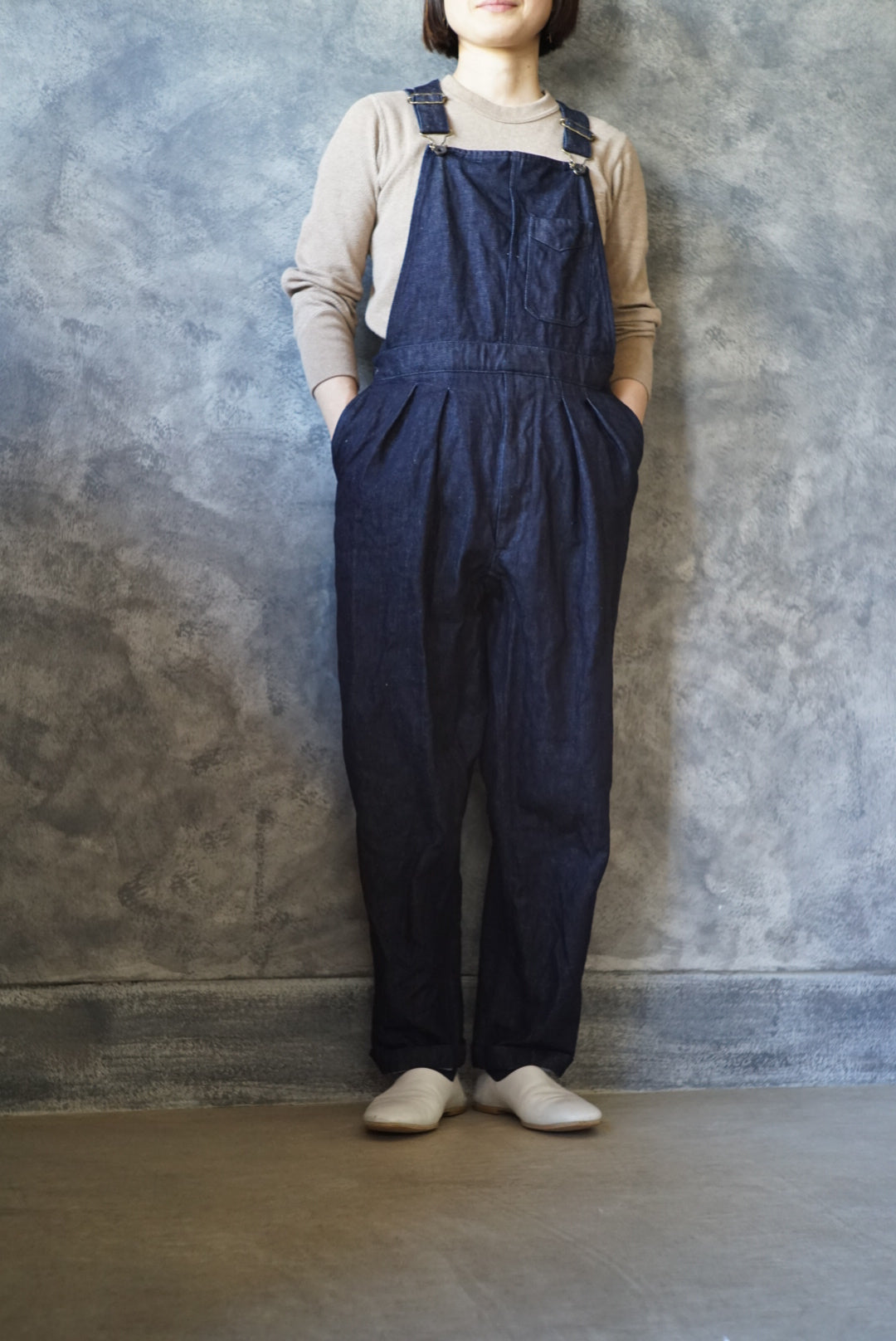 Indigo cotton linen overalls III tapered type