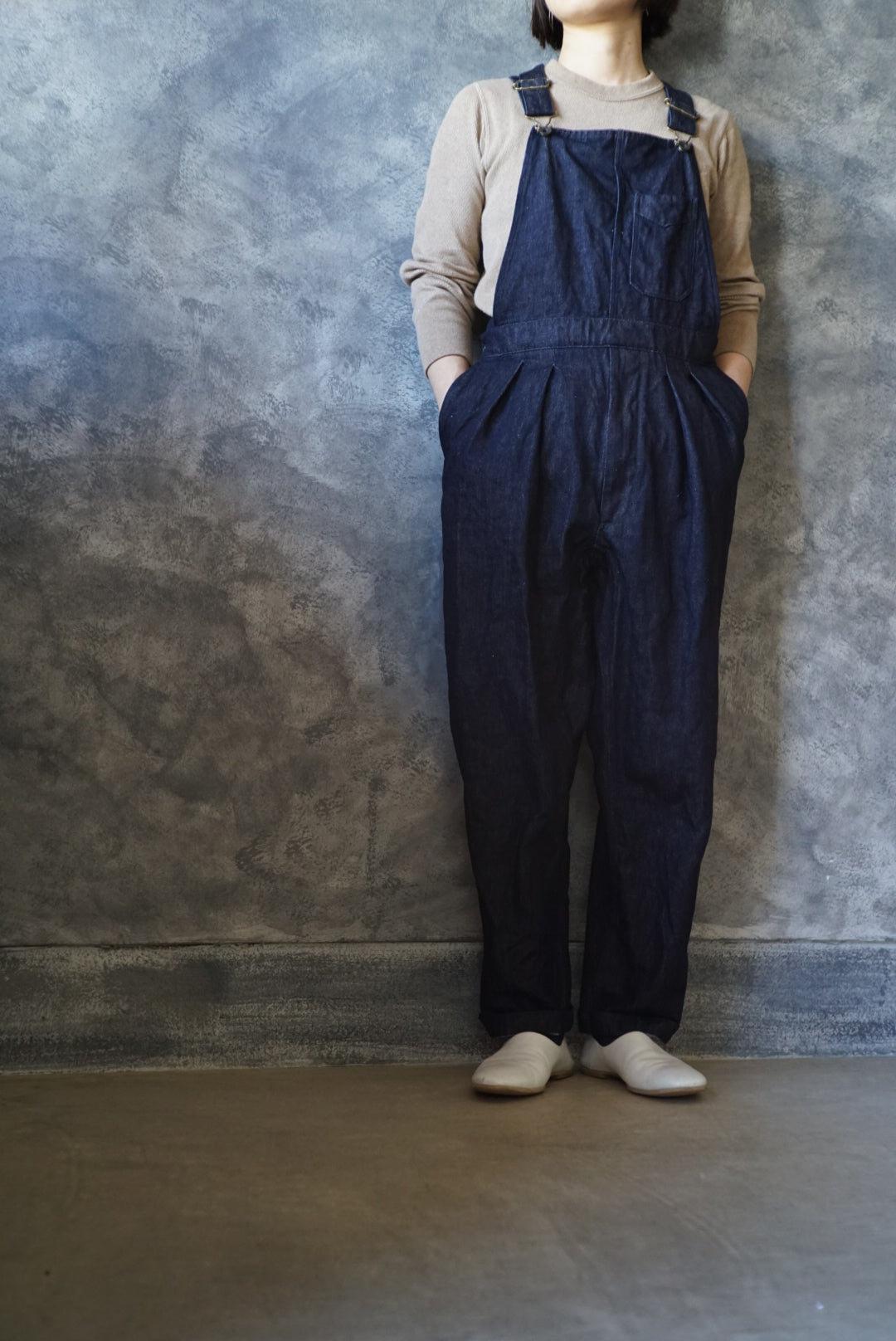 Indigo cotton linen overalls III tapered type