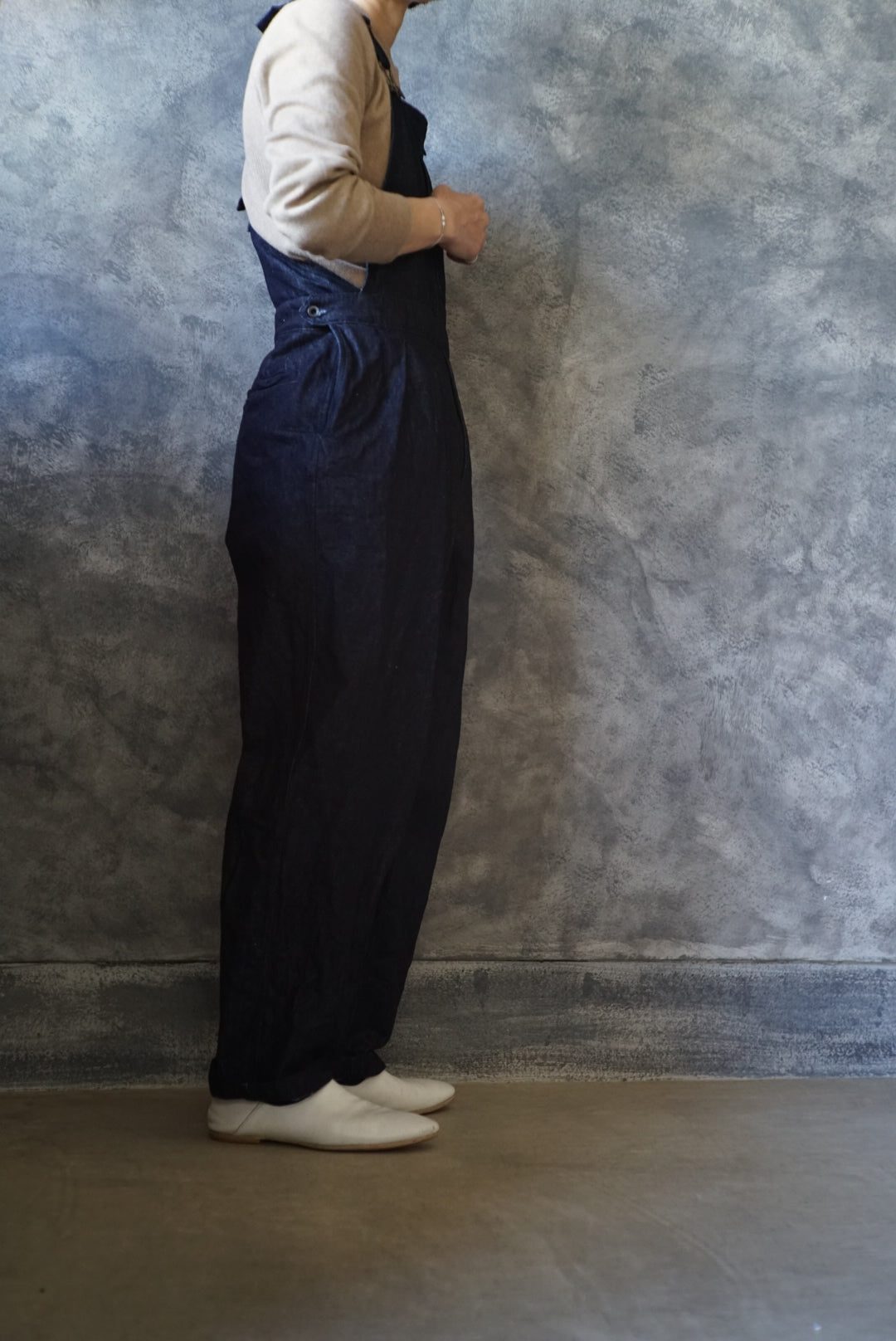 Indigo cotton linen overalls III tapered type