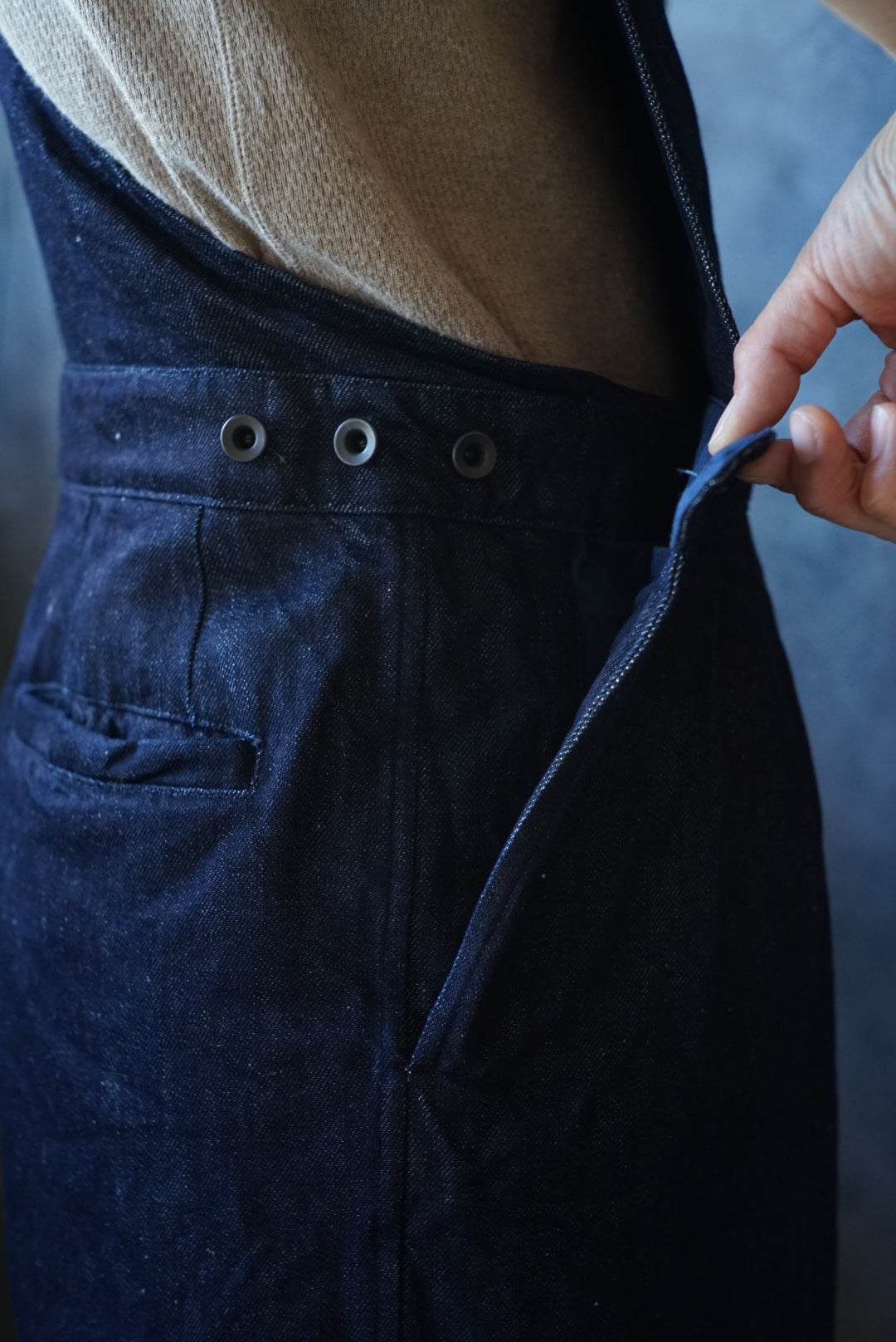 Indigo cotton linen overalls III tapered type